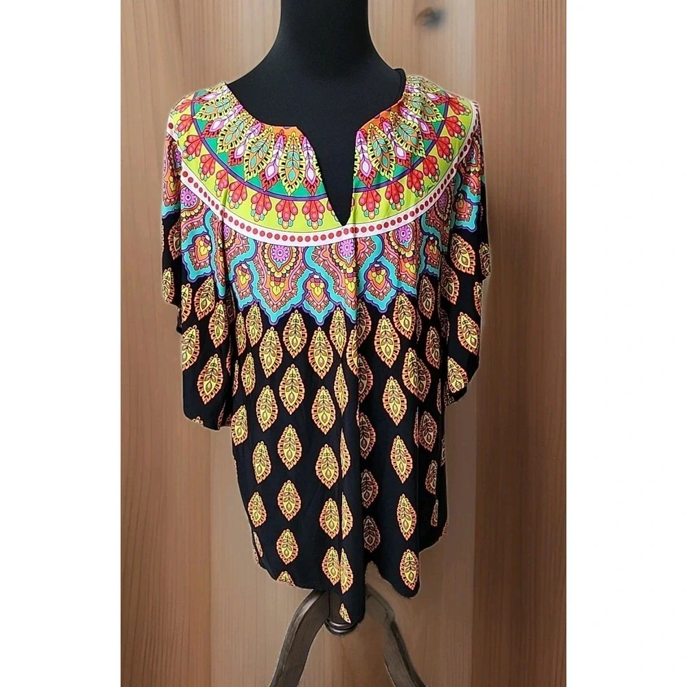 TRINA TURK Moroccan Medallion Black Swimsuit‎ Cover-up Tunic Women Size Large